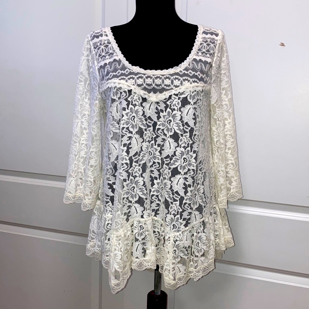 NEW FREE PEOPLE Sheer Lace White Peasant Tunic Blouse Sexy Babydoll Hi-Low Top S